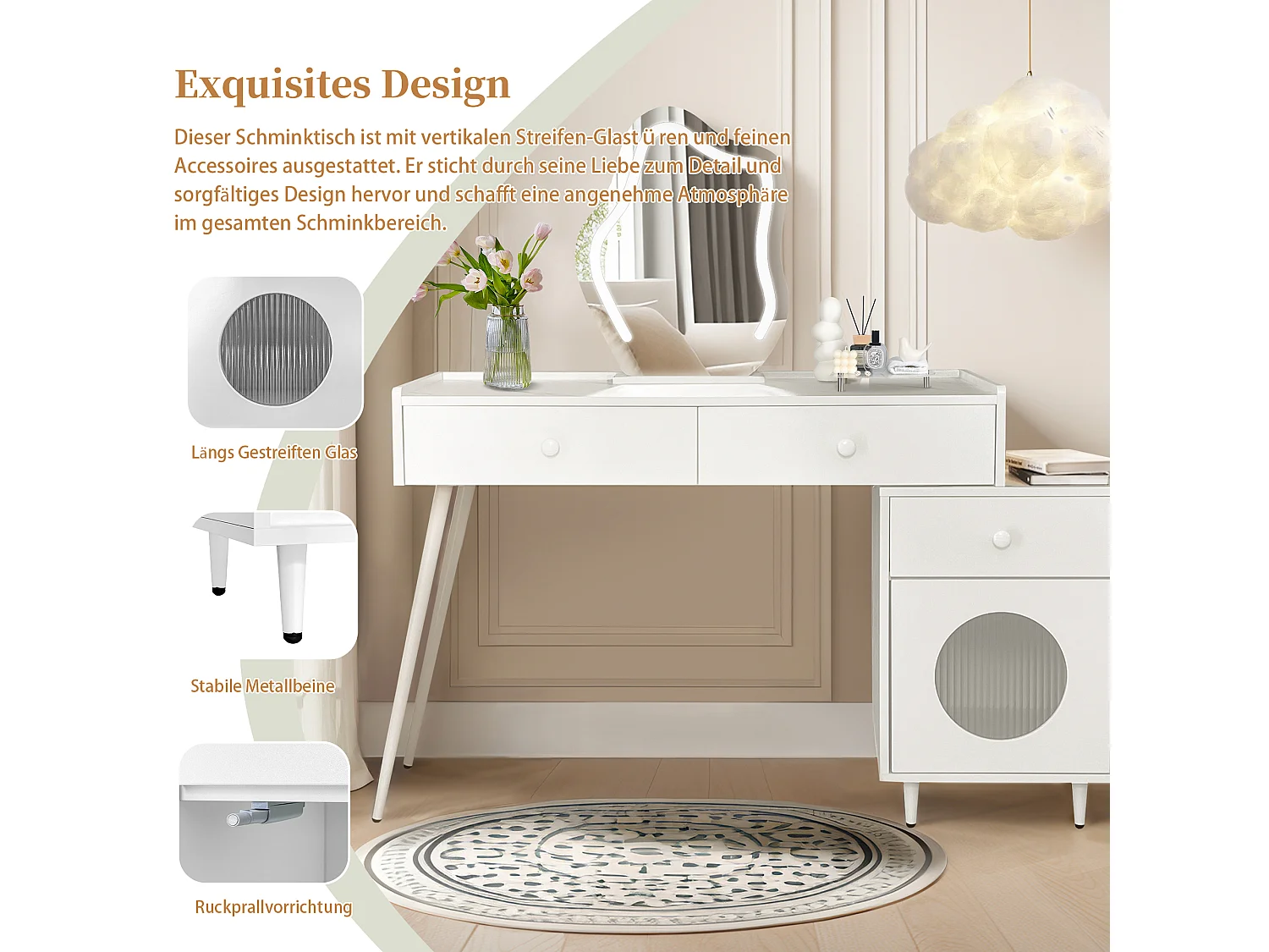 Tocador con espejo LED - 3 cajones y una puerta - Tablero de partículas - Blanco