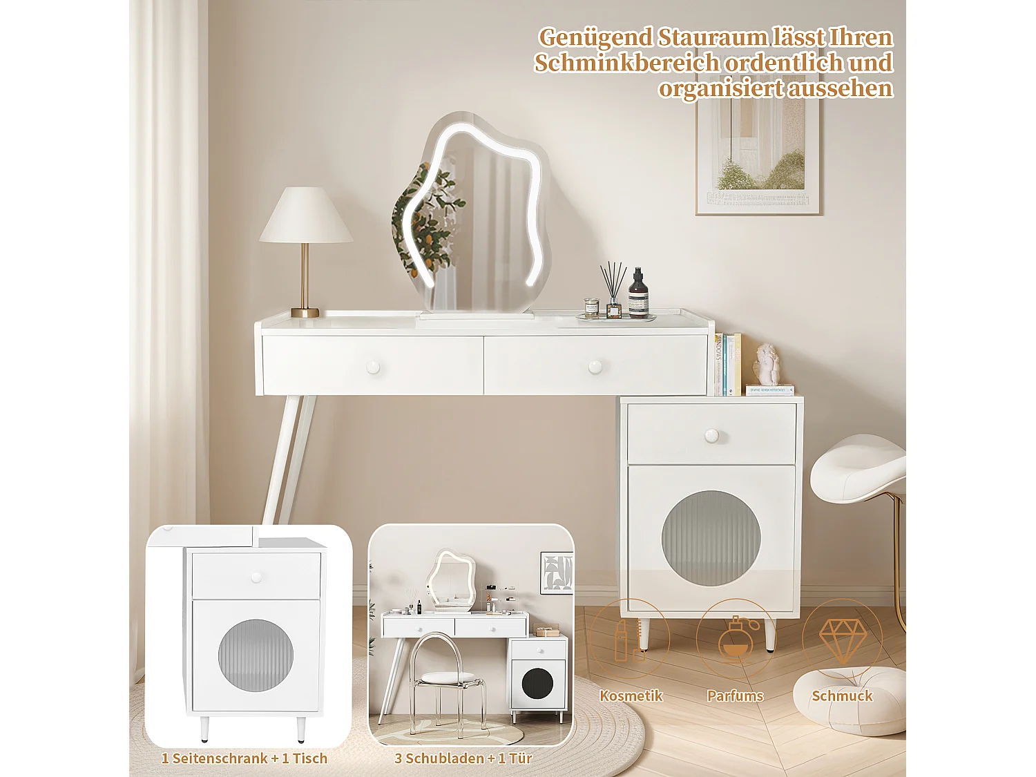 Tocador con espejo LED - 3 cajones y una puerta - Tablero de partículas - Blanco