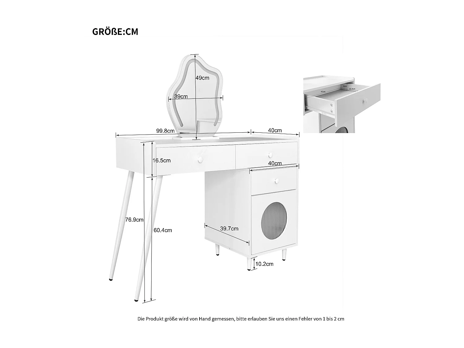 Tocador con espejo LED - 3 cajones y una puerta - Tablero de partículas - Blanco