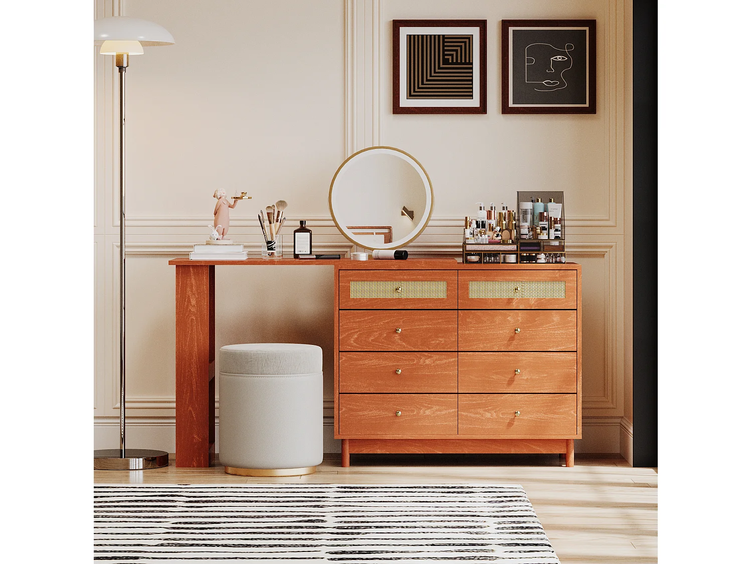 Coiffeuse avec miroir à LEDs et table pivotante 360° - 8 Tiroirs spacieux - Bois MDF - Noyer