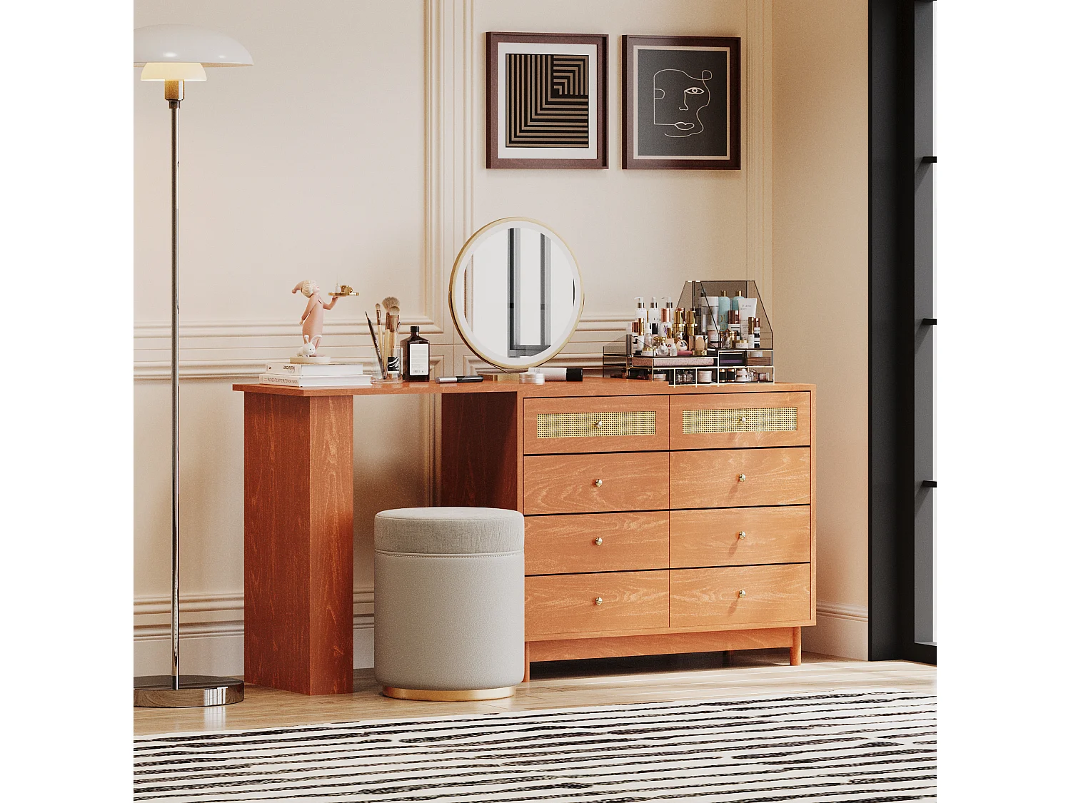 Coiffeuse avec miroir à LEDs et table pivotante 360° - 8 Tiroirs spacieux - Bois MDF - Noyer