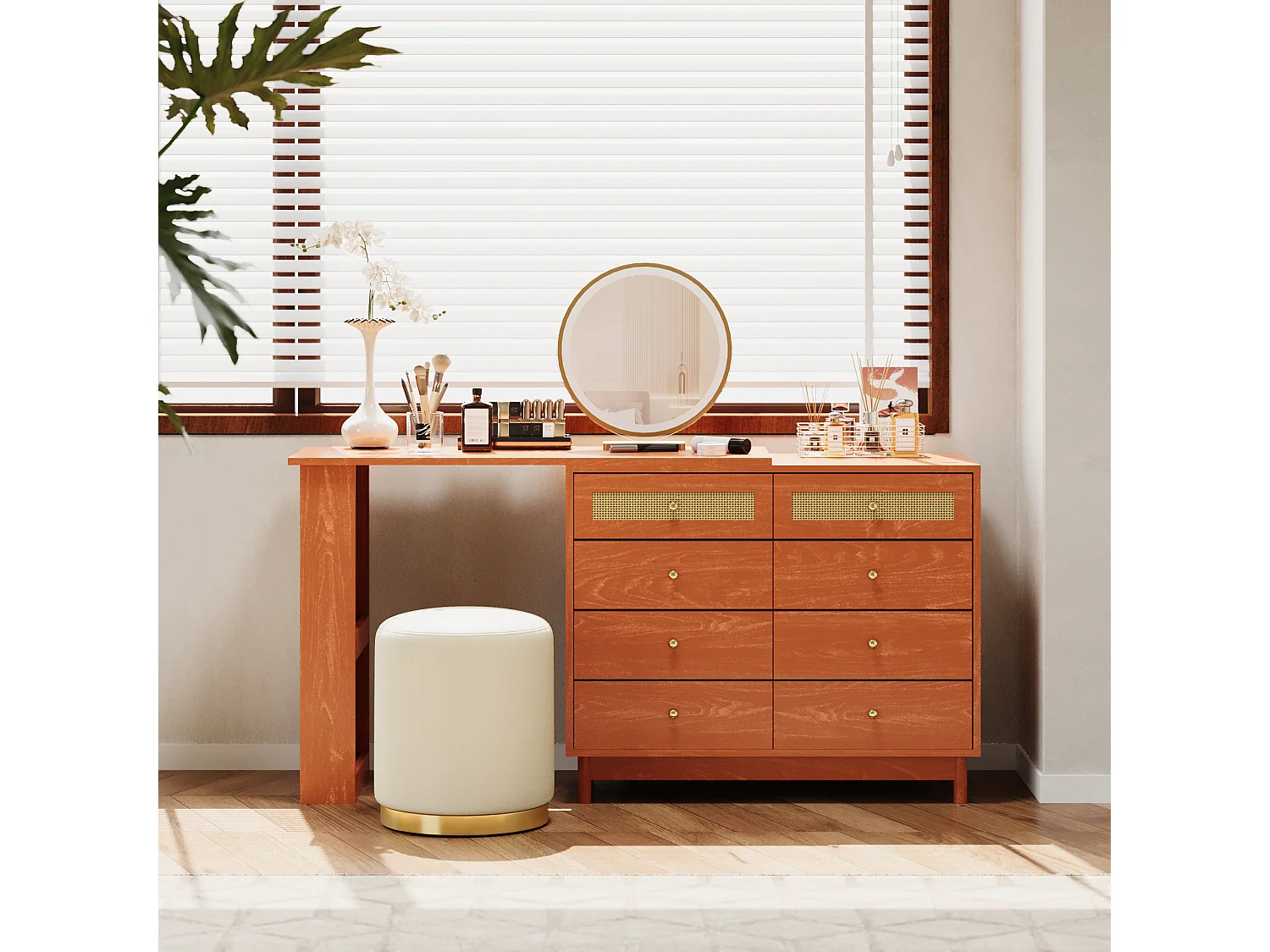 Coiffeuse avec miroir à LEDs et table pivotante 360° - 8 Tiroirs spacieux - Bois MDF - Noyer