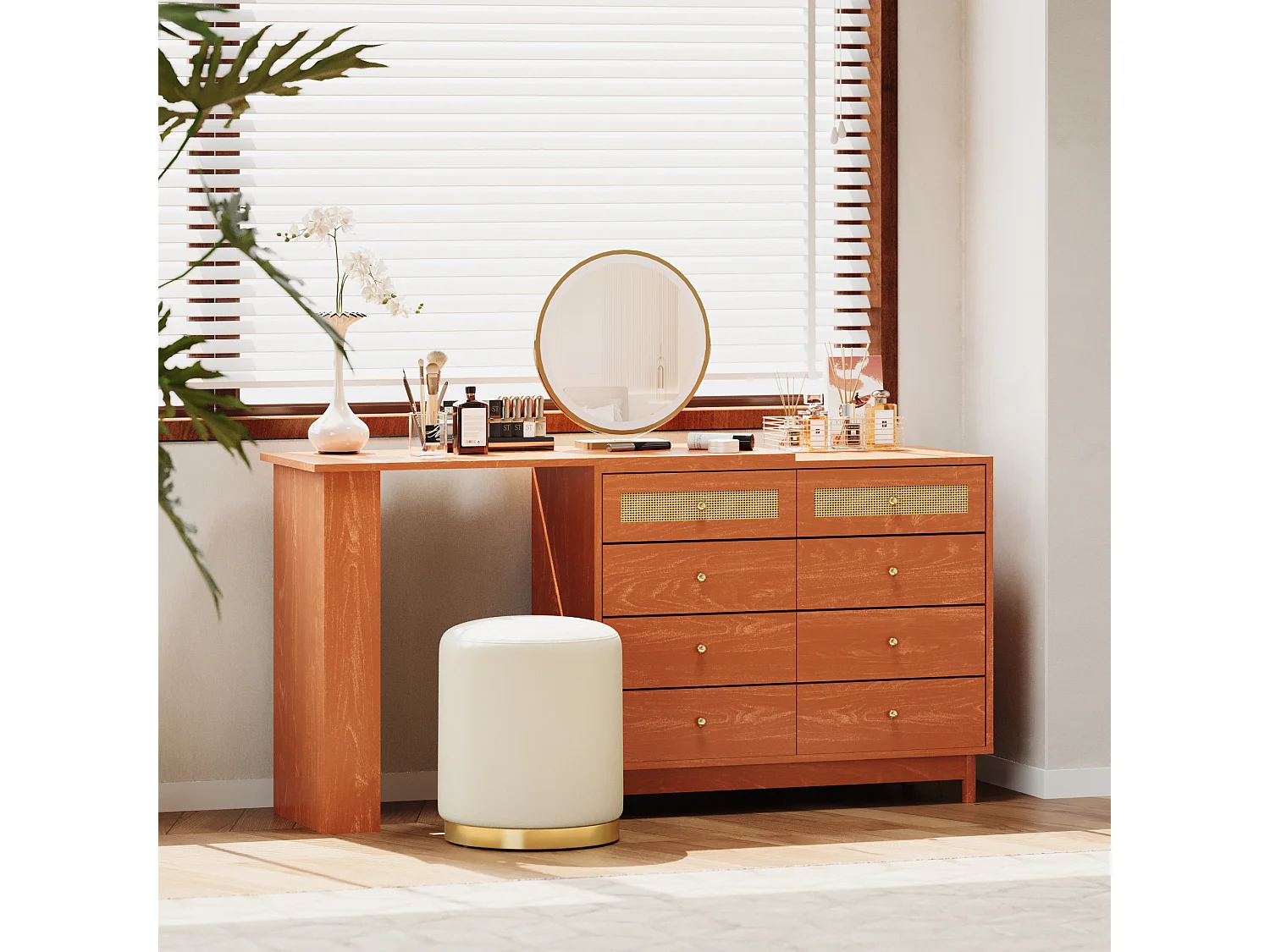 Coiffeuse avec miroir à LEDs et table pivotante 360° - 8 Tiroirs spacieux - Bois MDF - Noyer