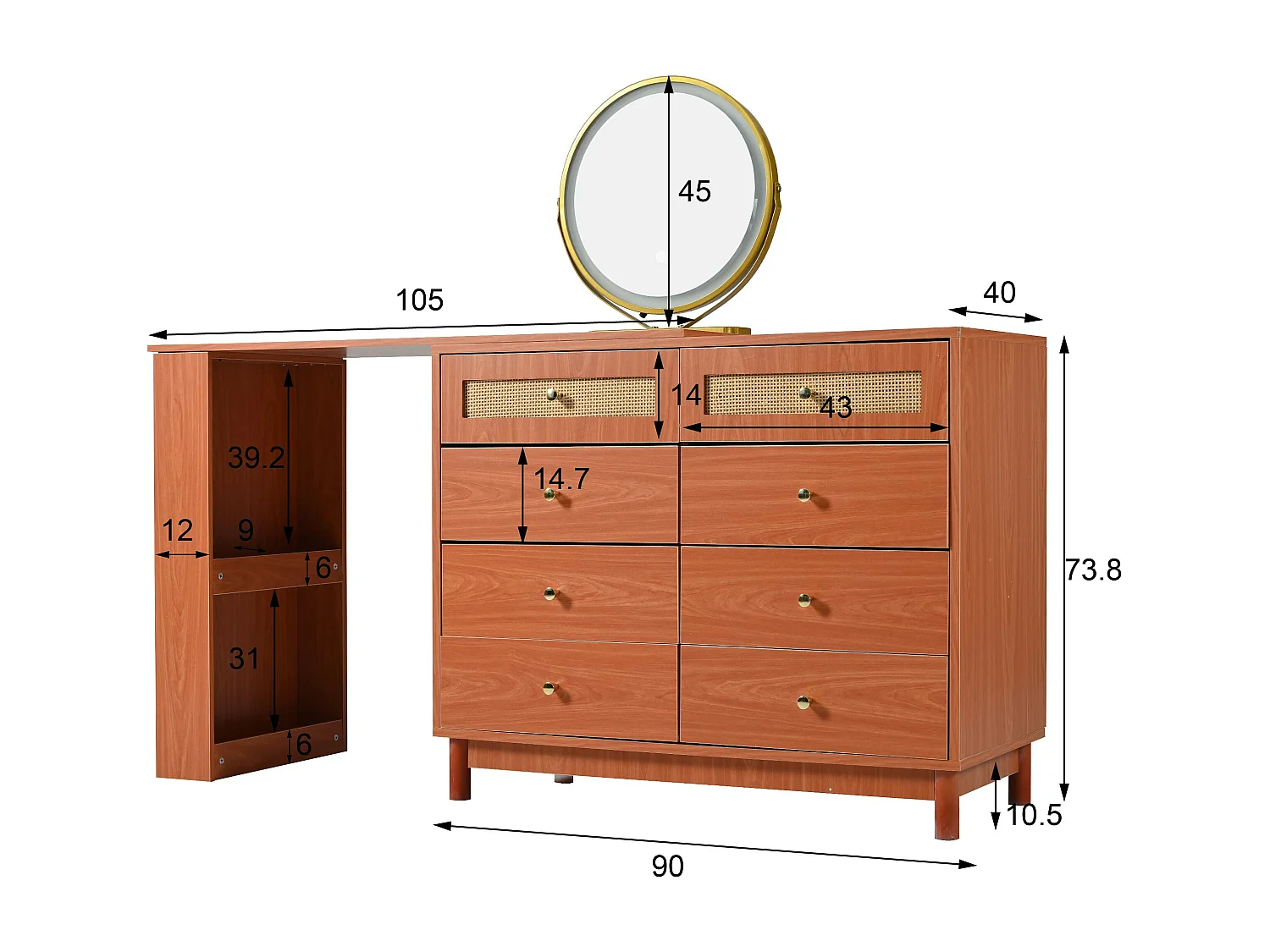 Coiffeuse avec miroir à LEDs et table pivotante 360° - 8 Tiroirs spacieux - Bois MDF - Noyer