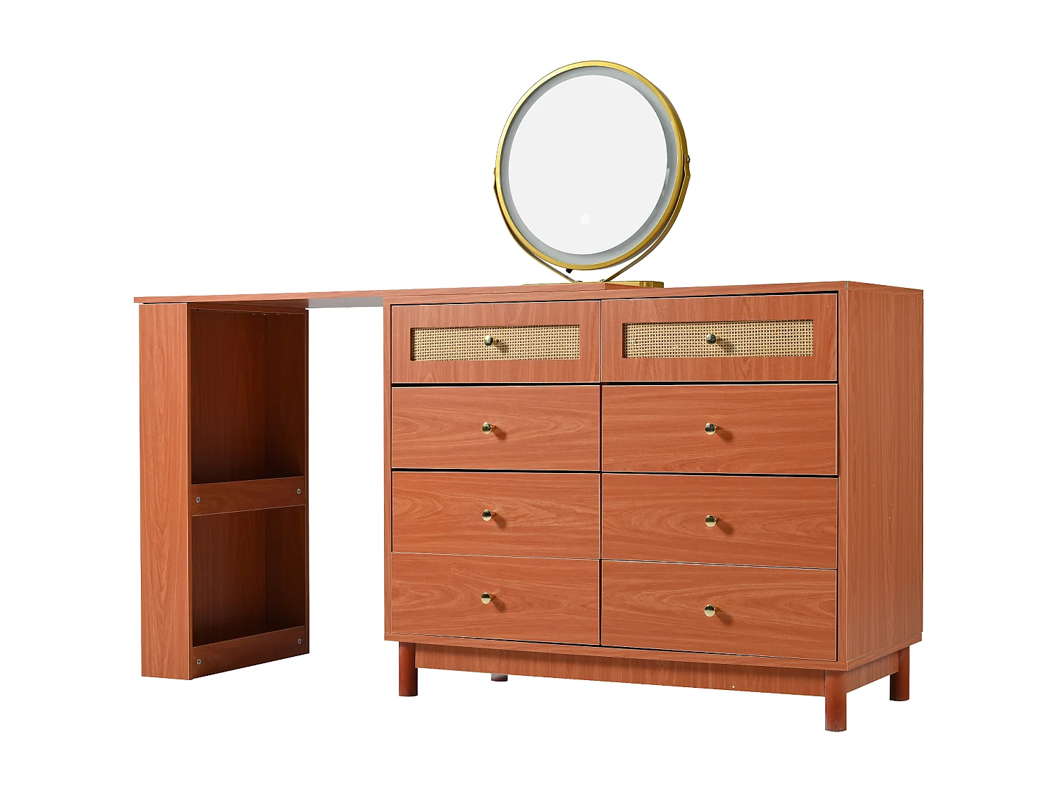 Coiffeuse avec miroir à LEDs et table pivotante 360° - 8 Tiroirs spacieux - Bois MDF - Noyer