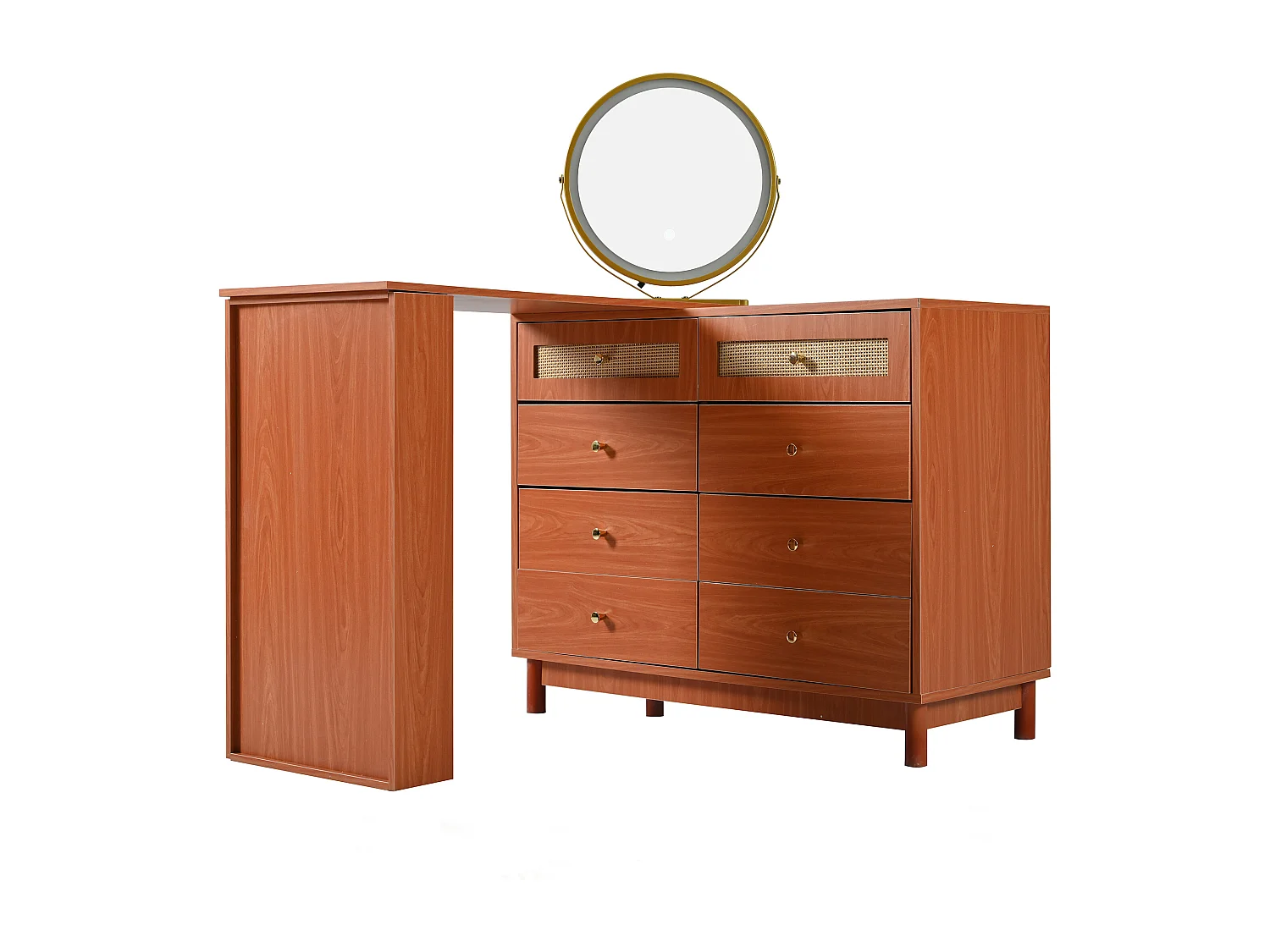 Tocador con espejo LED y mesa giratoria de 360° - 8 cajones espaciosos - Madera MDF - Nogal