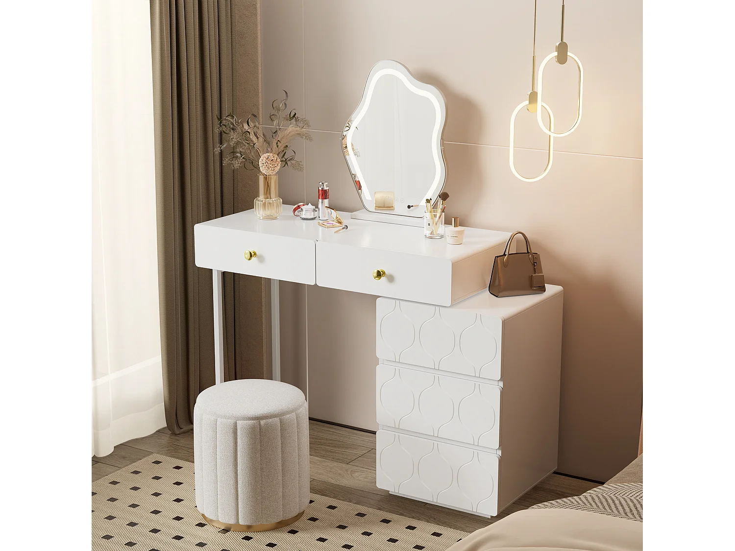 Kaptafel met LED-spiegel - 5 laden en één deur - 90 x 40 x 73,5 cm - MDF hout - Wit