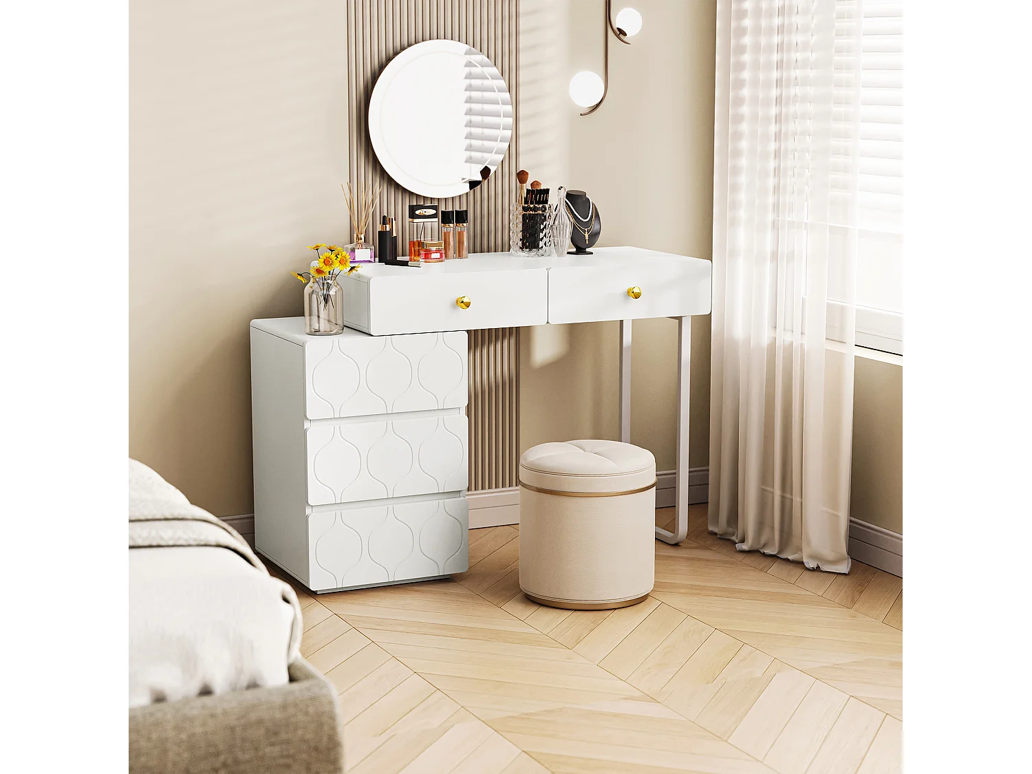 Kaptafel met LED-spiegel - 5 laden en één deur - 90 x 40 x 73,5 cm - MDF hout - Wit