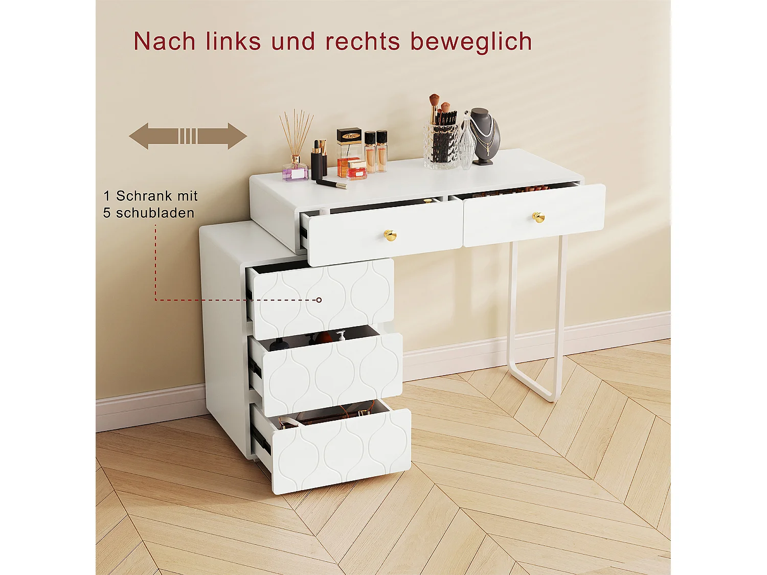 Kaptafel met LED-spiegel - 5 laden en één deur - 90 x 40 x 73,5 cm - MDF hout - Wit