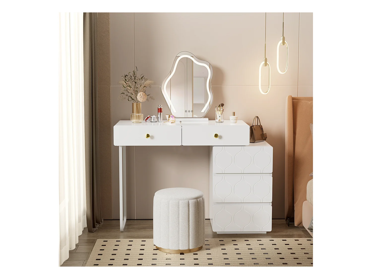 Tocador con espejo LED - 5 cajones y una puerta - 90 x 40 x 73,5 cm - Madera MDF - Blanco