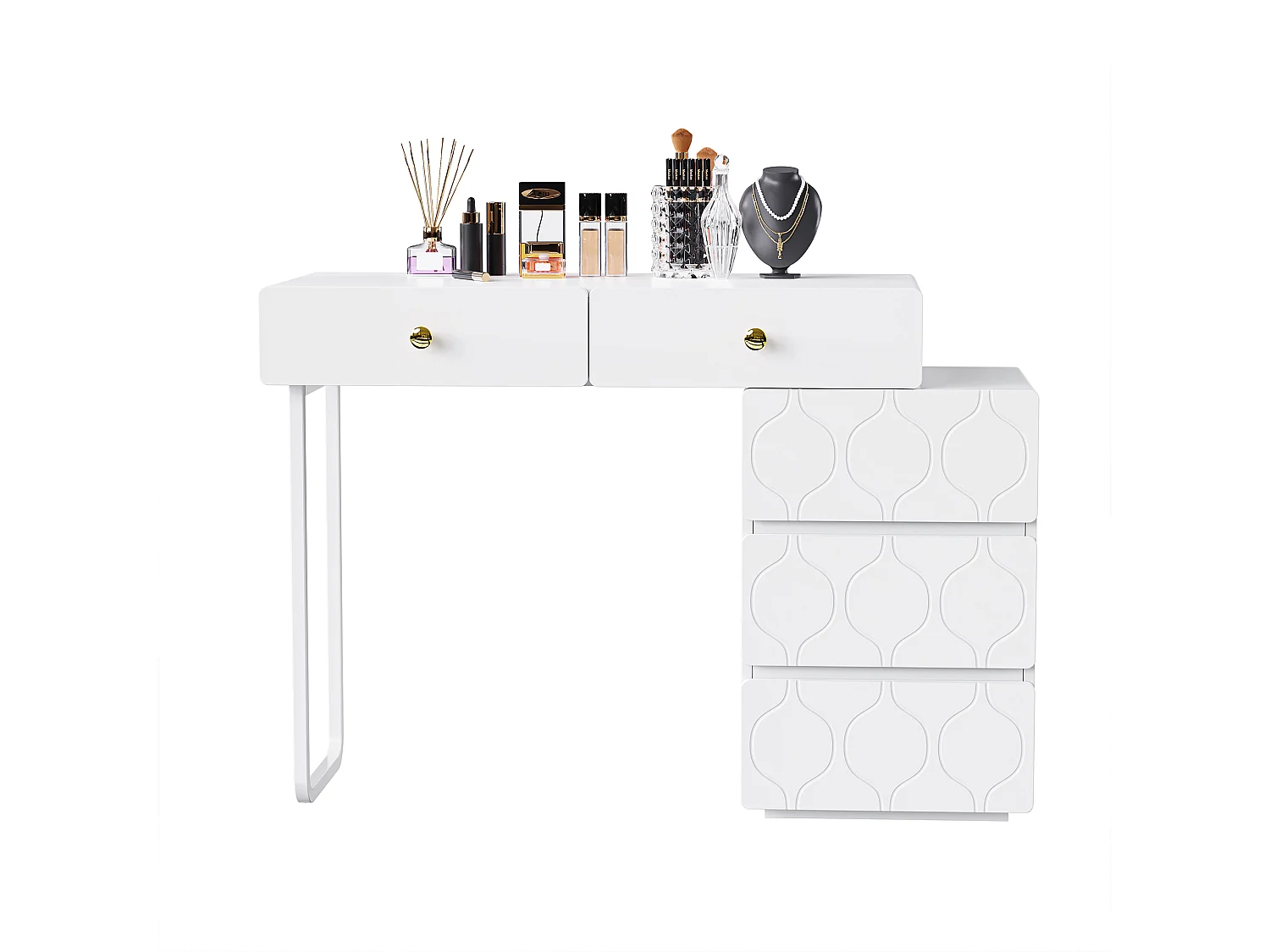 Kaptafel met LED-spiegel - 5 laden en één deur - 90 x 40 x 73,5 cm - MDF hout - Wit