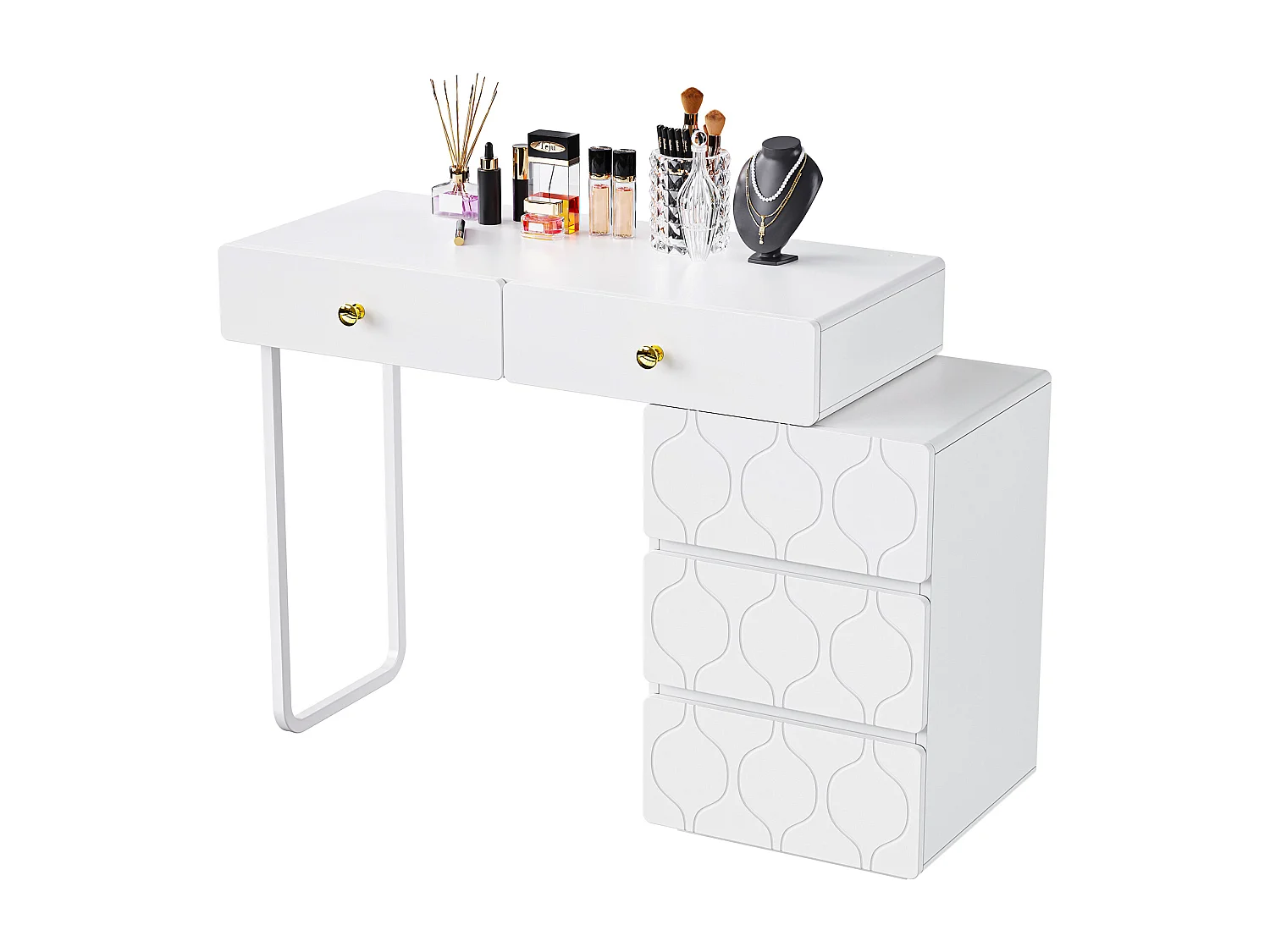 Kaptafel met LED-spiegel - 5 laden en één deur - 90 x 40 x 73,5 cm - MDF hout - Wit