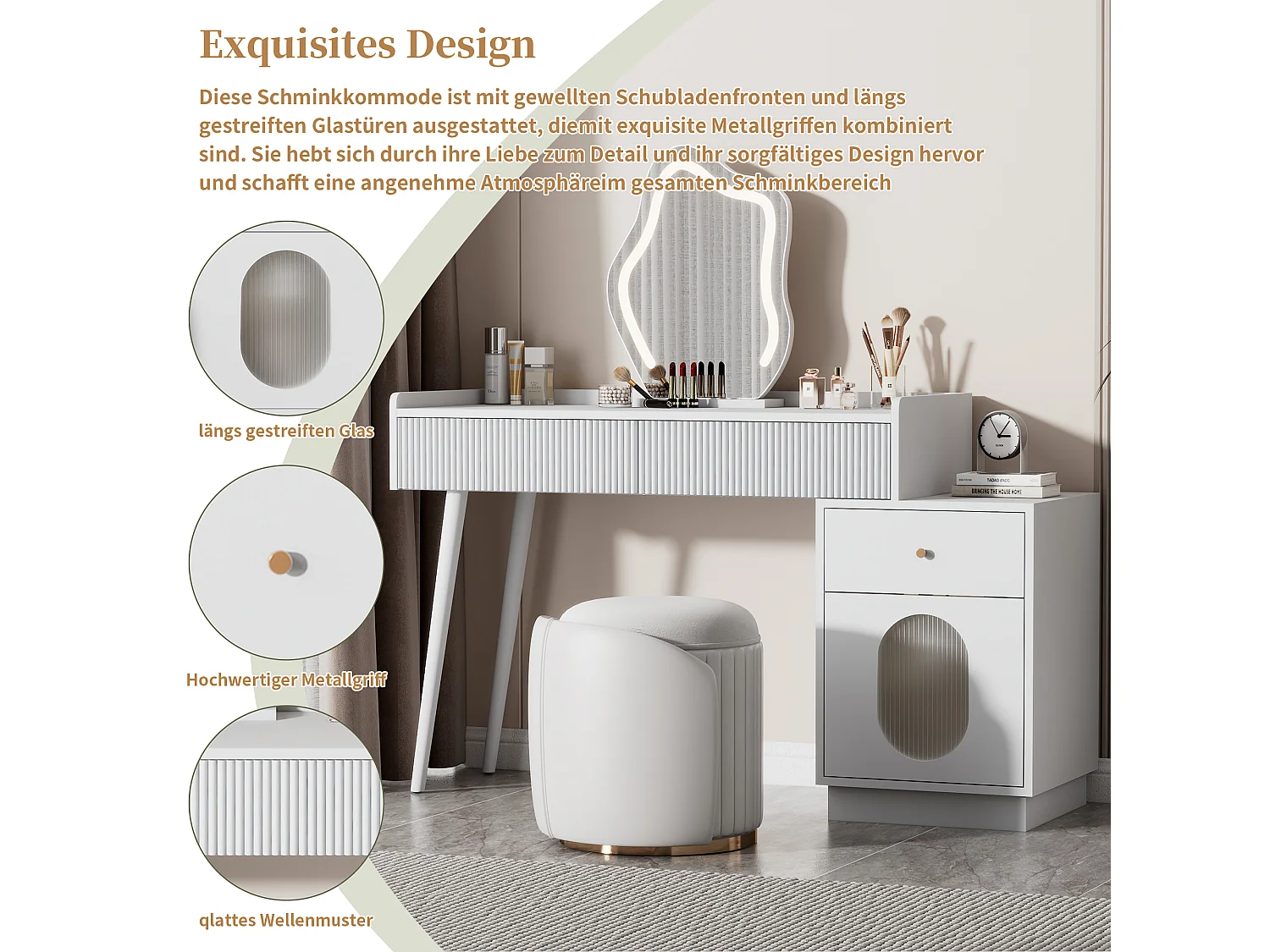 Coiffeuse avec miroir à LEDs - 3 tiroirs spacieux et une porte - Panneaux de particules - Blanc