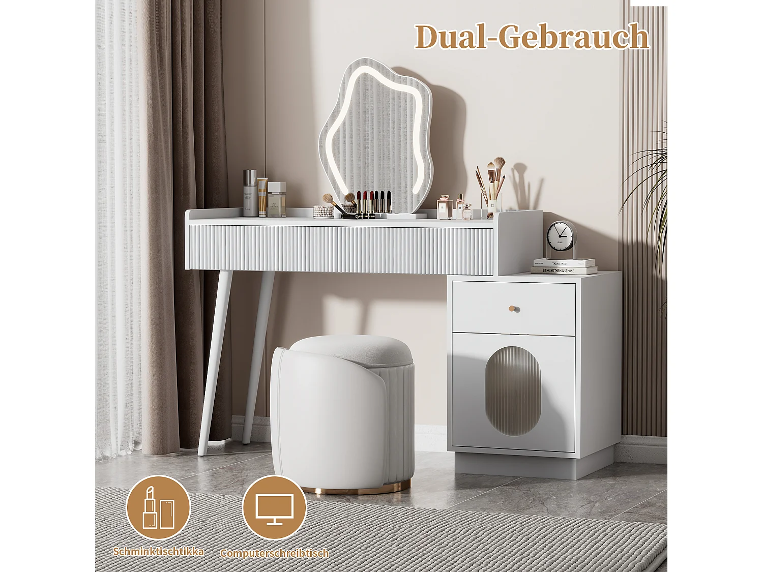 Coiffeuse avec miroir à LEDs - 3 tiroirs spacieux et une porte - Panneaux de particules - Blanc