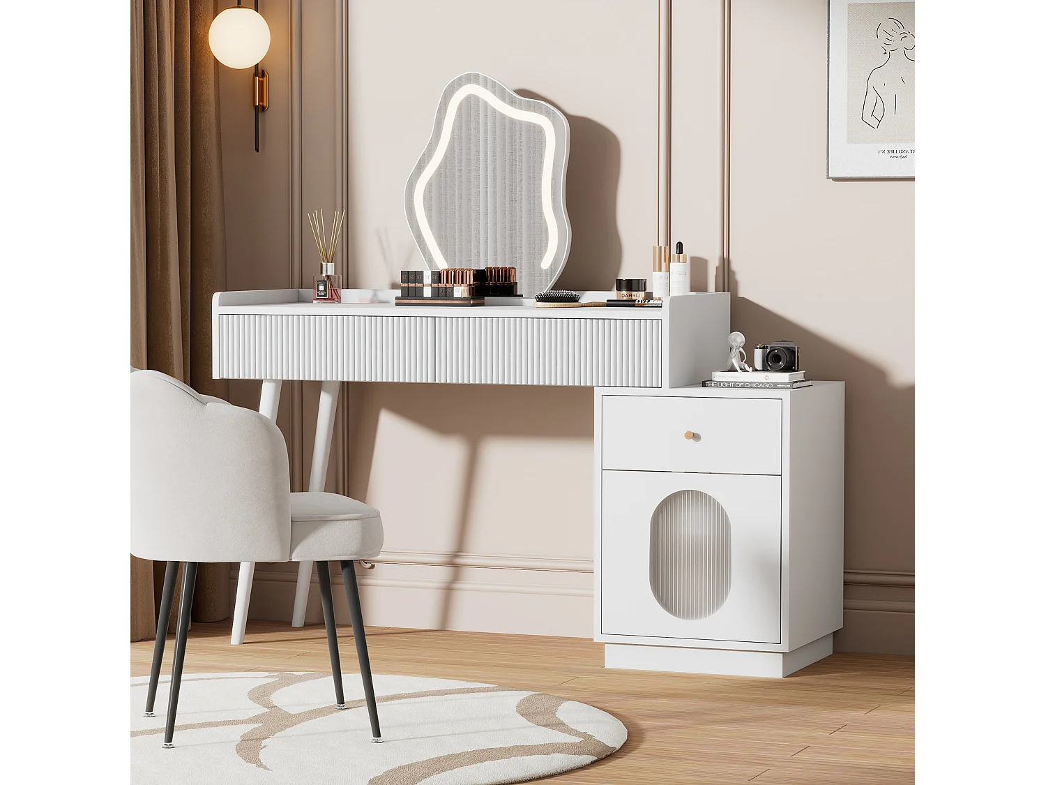 Tocador con espejo LED - 3 cajones espaciosos y una puerta - Tablero de partículas - Blanco