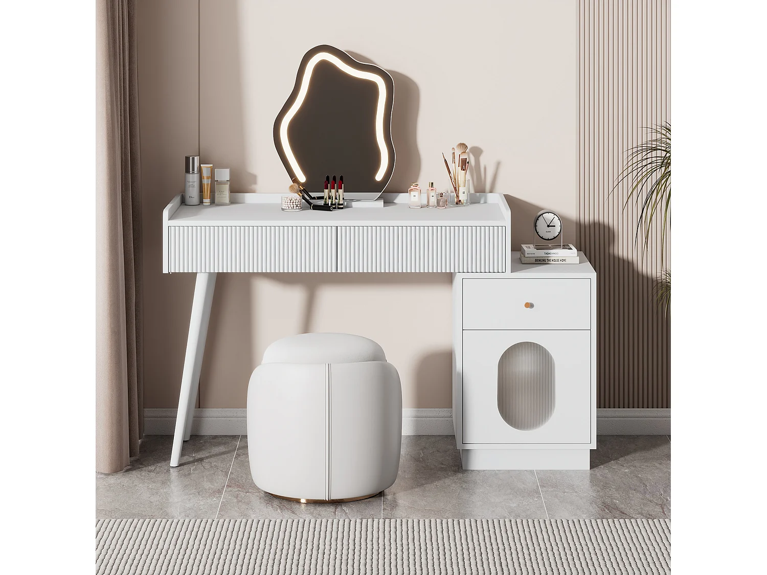 Tocador con espejo LED - 3 cajones espaciosos y una puerta - Tablero de partículas - Blanco