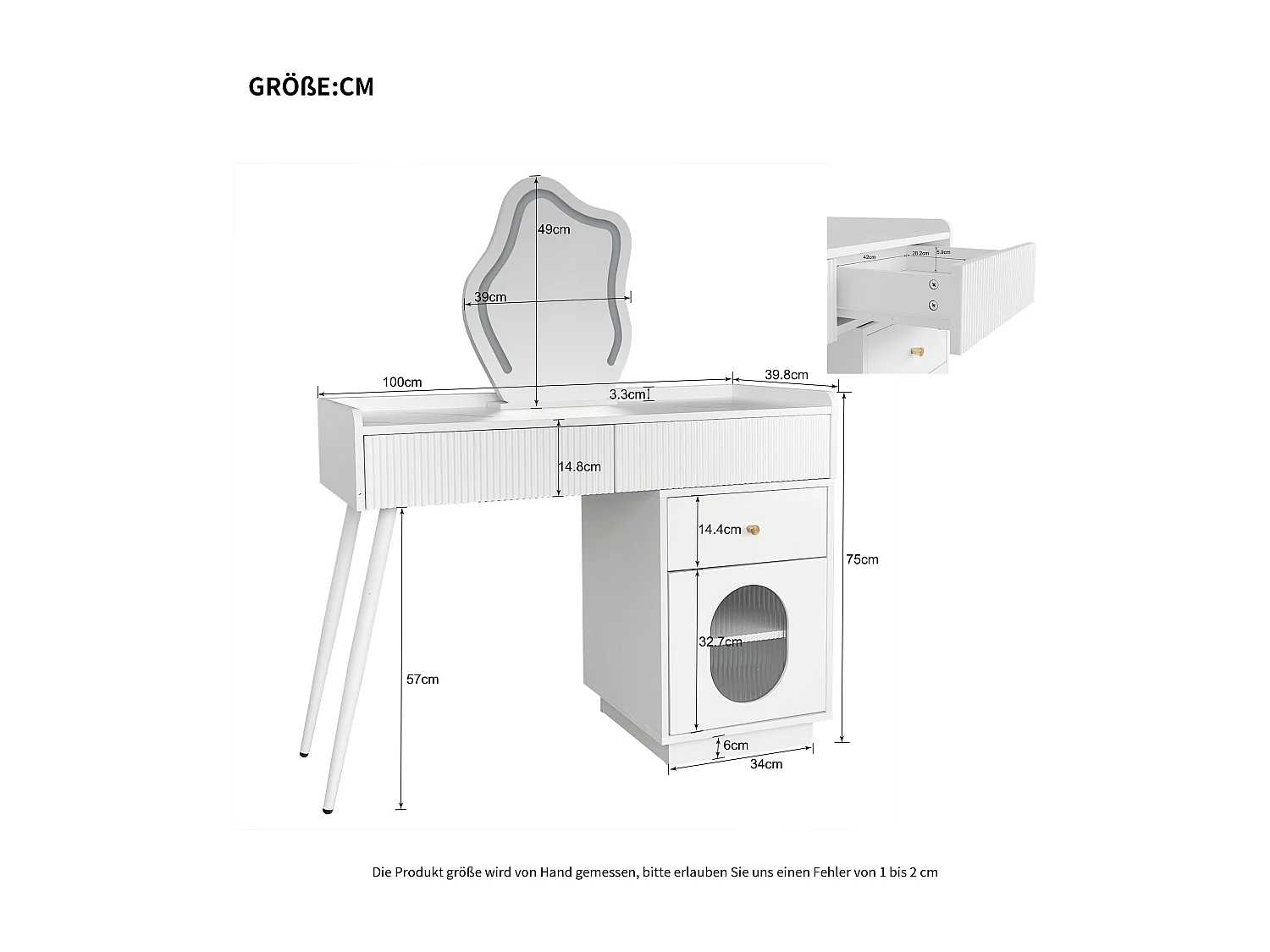 Tocador con espejo LED - 3 cajones espaciosos y una puerta - Tablero de partículas - Blanco