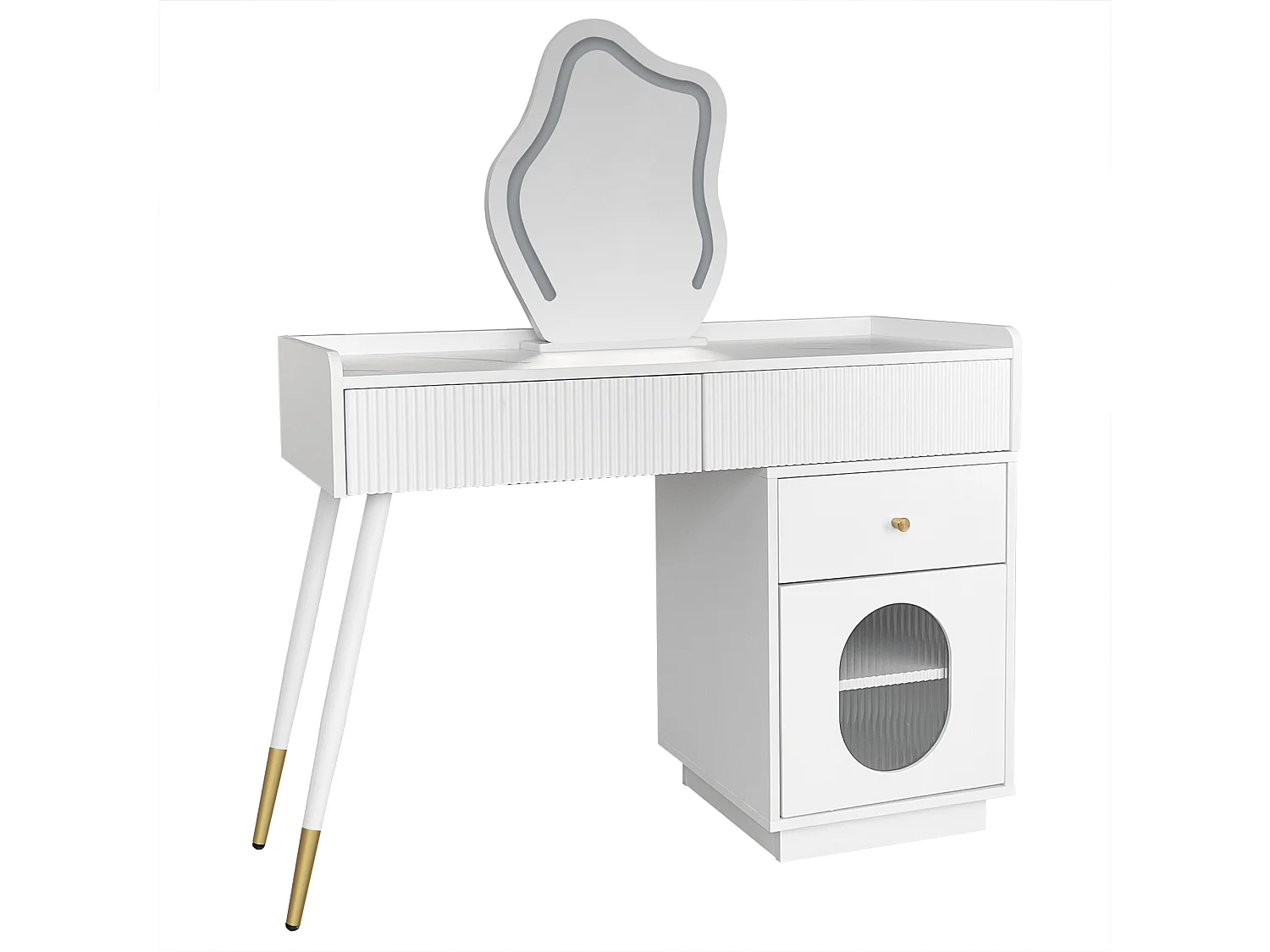Coiffeuse avec miroir à LEDs - 3 tiroirs spacieux et une porte - Panneaux de particules - Blanc