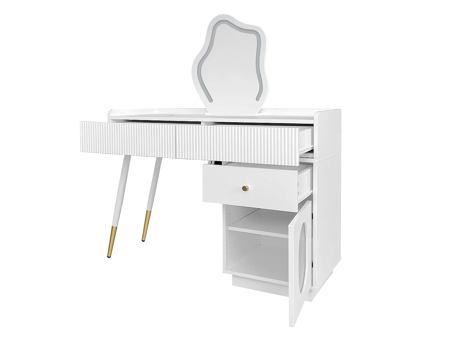 Coiffeuse avec miroir à LEDs - 3 tiroirs spacieux et une porte - Panneaux de particules - Blanc