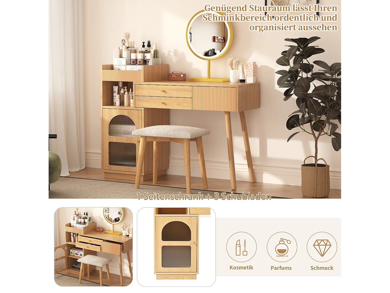Tocador con espejo LED con 3 cajones y mueble auxiliar - Tableros de partículas - Color natural