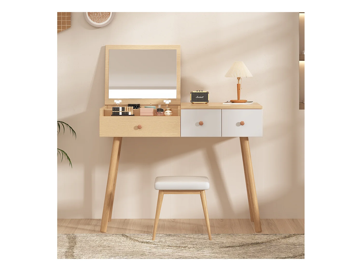 Coiffeuse avec miroir avec tiroirs et espace de rangement divisé - 100 x 78 x 40 cm -  Panneaux de particules - Coloris naturel