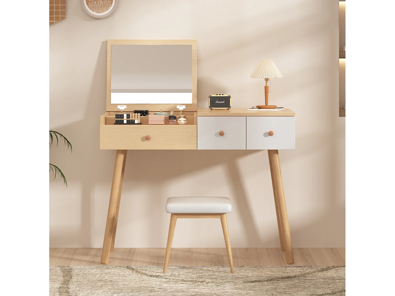 Coiffeuse avec miroir avec tiroirs et espace de rangement divisé - 100 x 78 x 40 cm -  Panneaux de particules - Coloris naturel