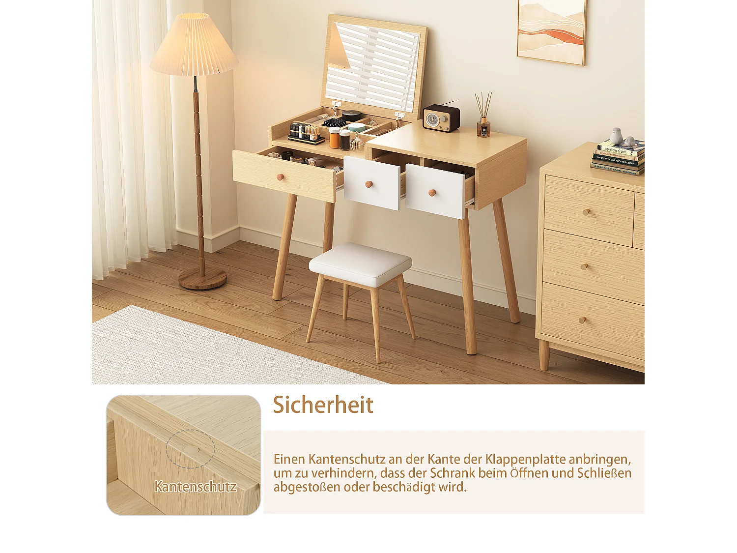 Coiffeuse avec miroir avec tiroirs et espace de rangement divisé - 100 x 78 x 40 cm -  Panneaux de particules - Coloris naturel