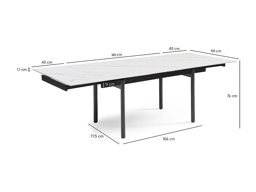 Table extensible 180/260 cm céramique blanc marbré pieds droits - NEVADA 09
