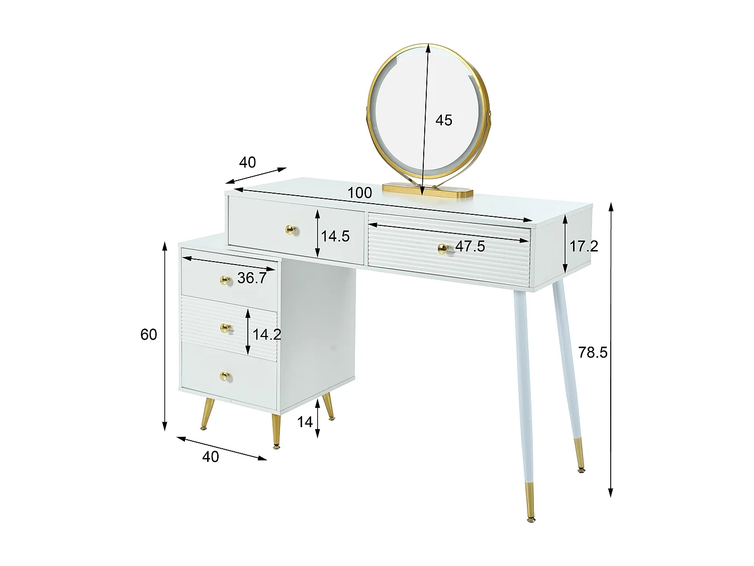 Penteadeira com espelho LED - 5 gavetas espaçosas + armário lateral regulável - Madeira MDF - Branco