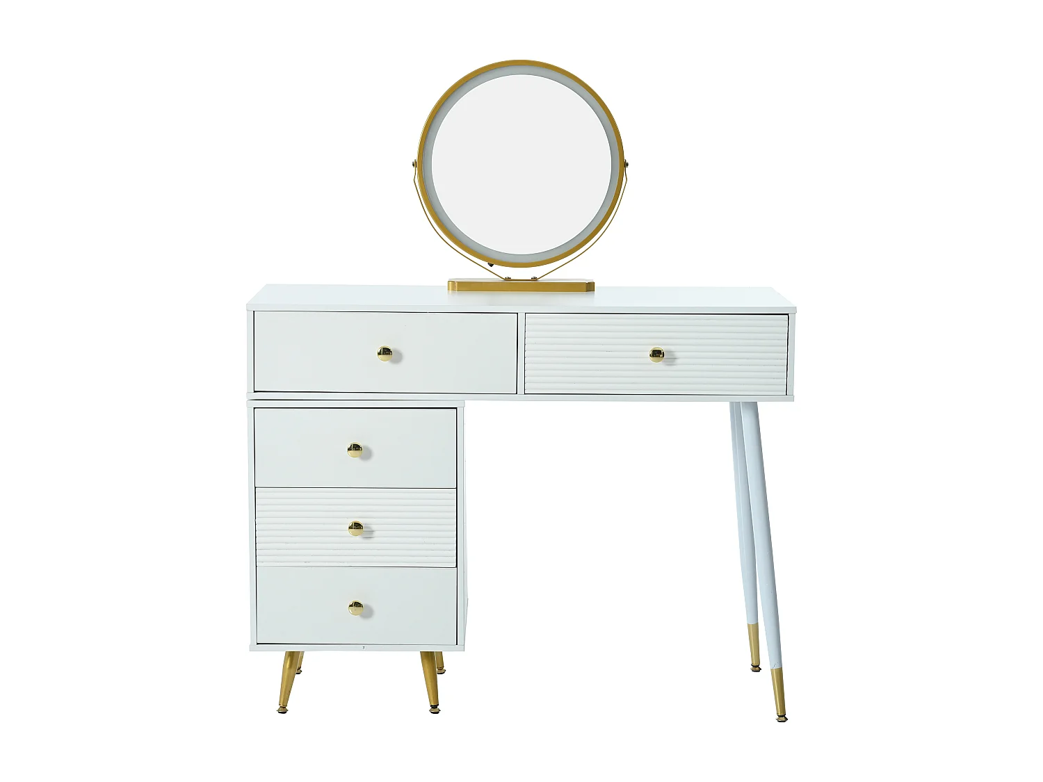 Penteadeira com espelho LED - 5 gavetas espaçosas + armário lateral regulável - Madeira MDF - Branco