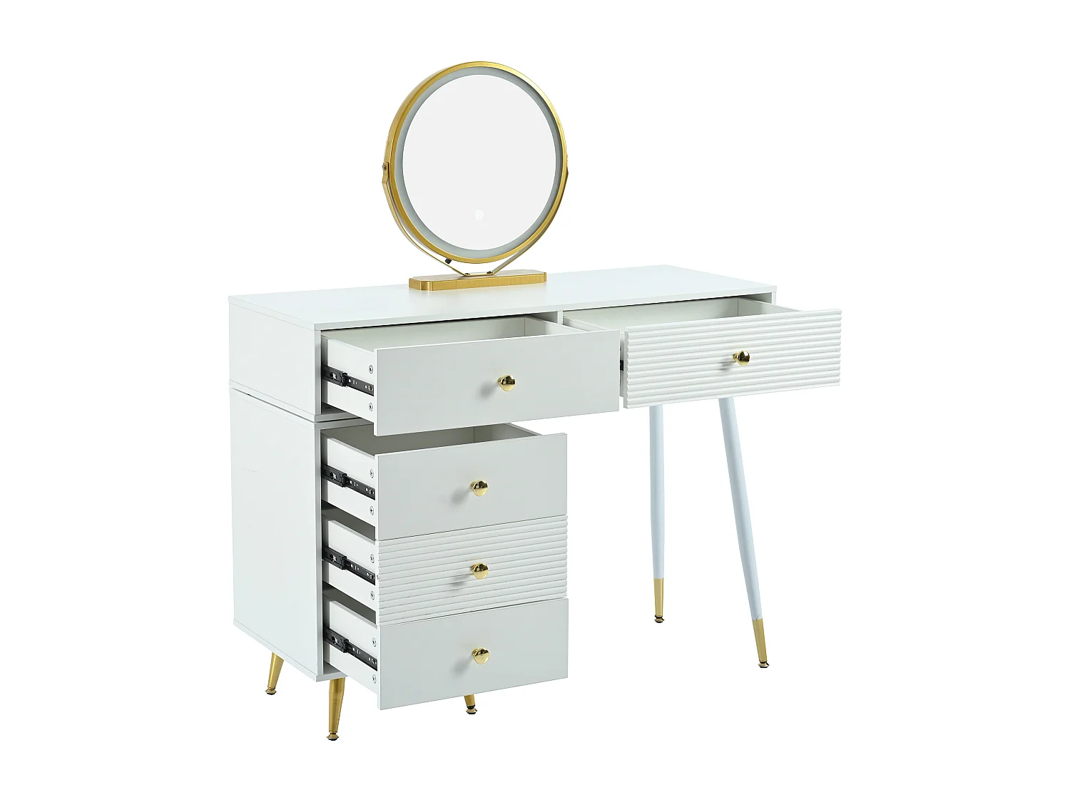 Penteadeira com espelho LED - 5 gavetas espaçosas + armário lateral regulável - Madeira MDF - Branco