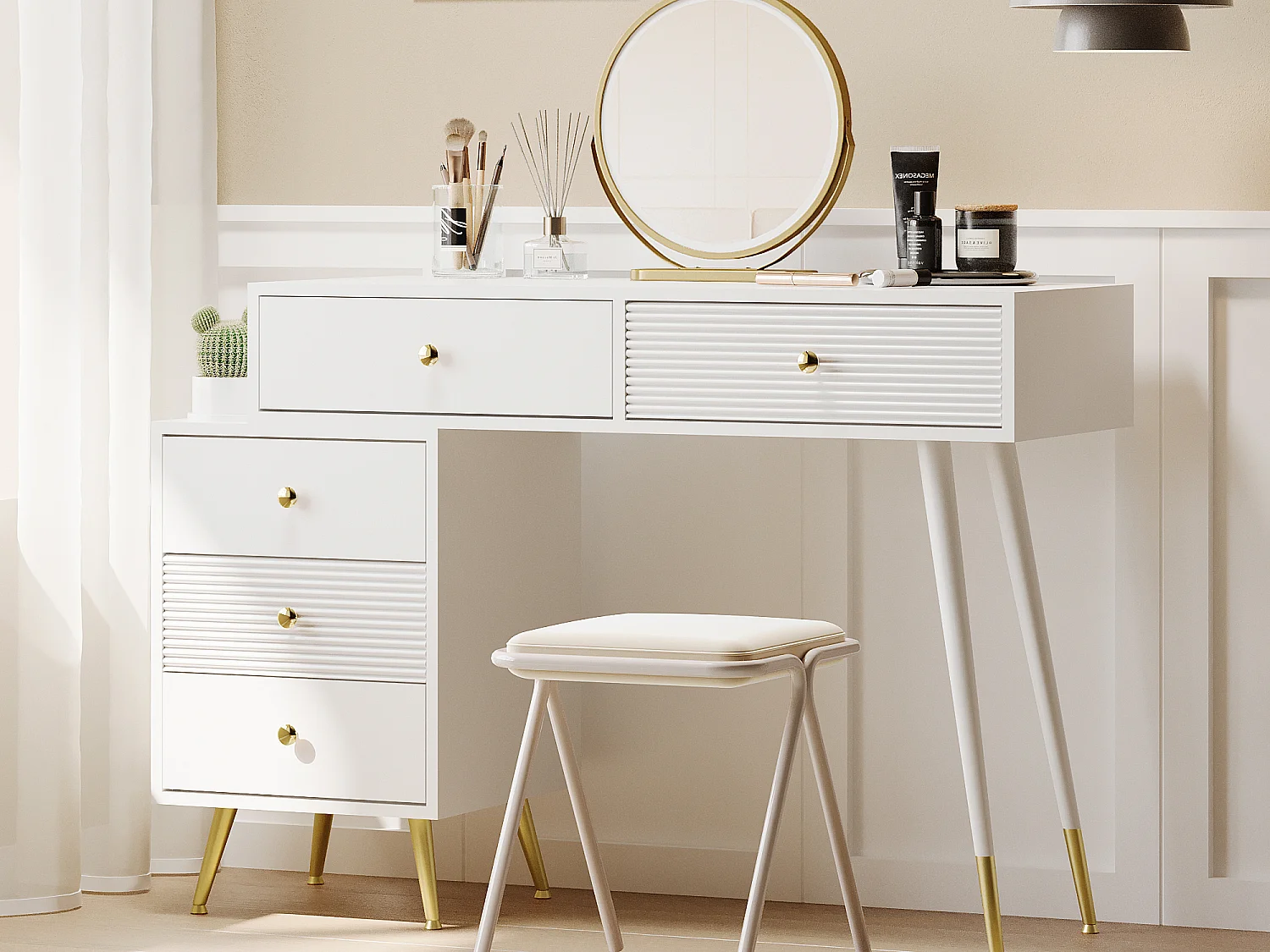 Penteadeira com espelho LED - 5 gavetas espaçosas + armário lateral regulável - Madeira MDF - Branco