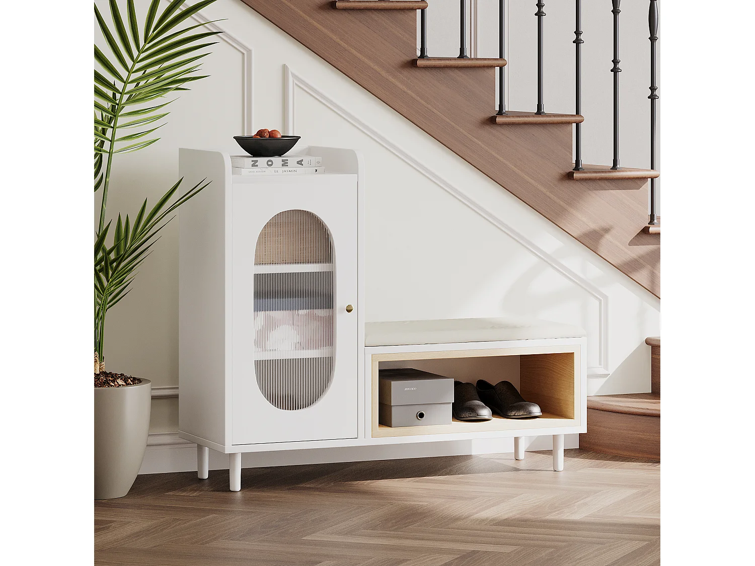 Schoenenbank met 1 deur en 1 vak - glazen deur en metalen handvat - wit