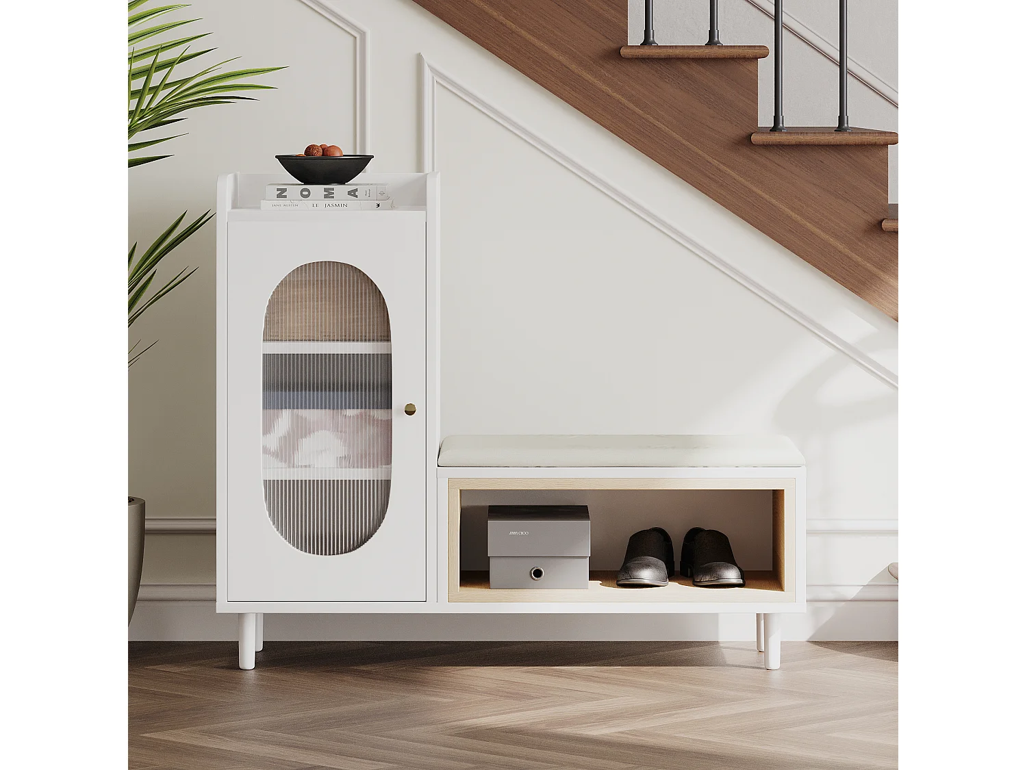 Schoenenbank met 1 deur en 1 vak - glazen deur en metalen handvat - wit