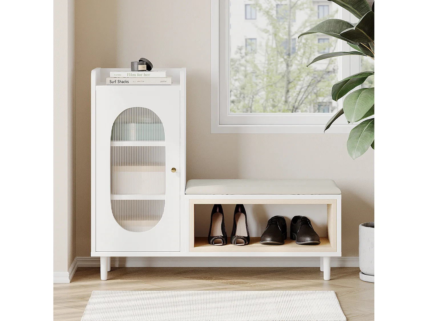 Schoenenbank met 1 deur en 1 vak - glazen deur en metalen handvat - wit