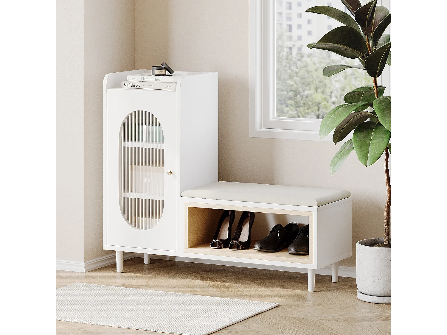 Schoenenbank met 1 deur en 1 vak - glazen deur en metalen handvat - wit