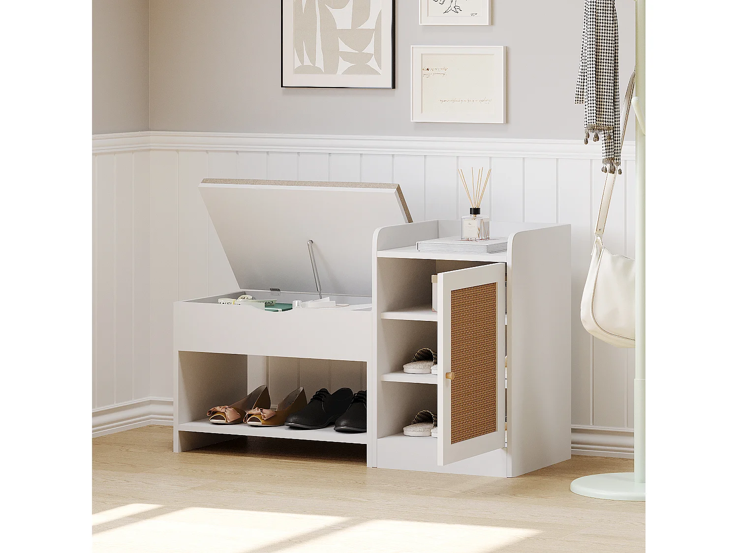 Banco para sapatos com arrumação e porta de vime - 100 x 62,5 x 38 cm - Aglomerado - Branco