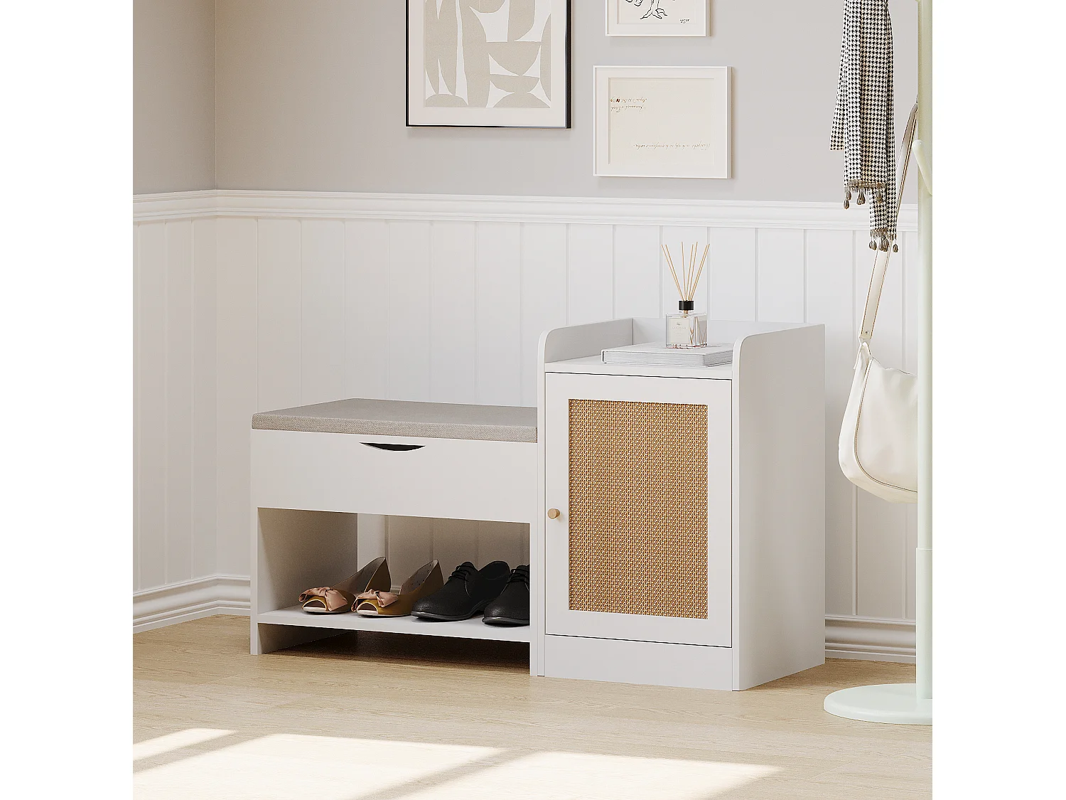 Banco para sapatos com arrumação e porta de vime - 100 x 62,5 x 38 cm - Aglomerado - Branco