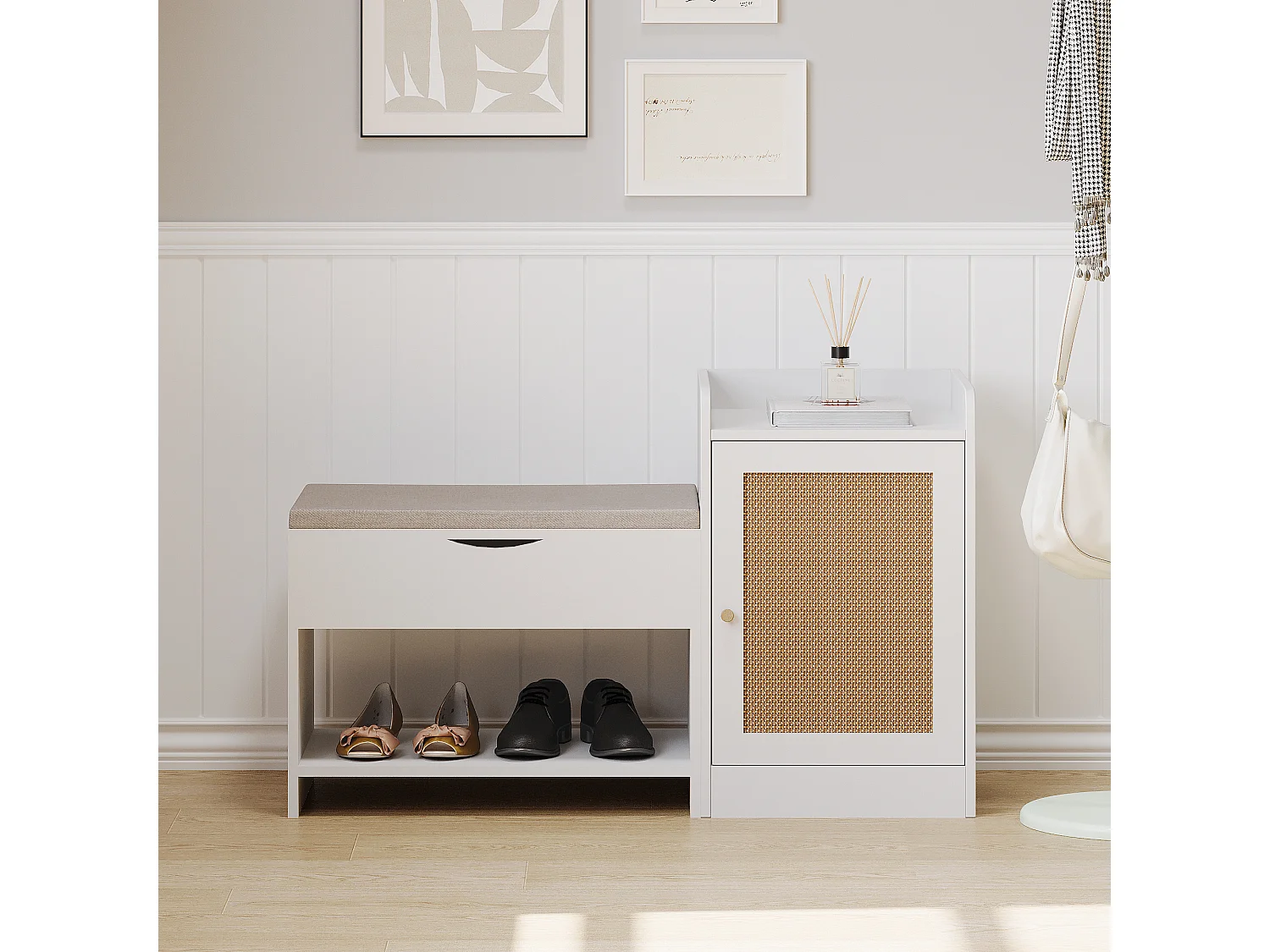 Banco para sapatos com arrumação e porta de vime - 100 x 62,5 x 38 cm - Aglomerado - Branco