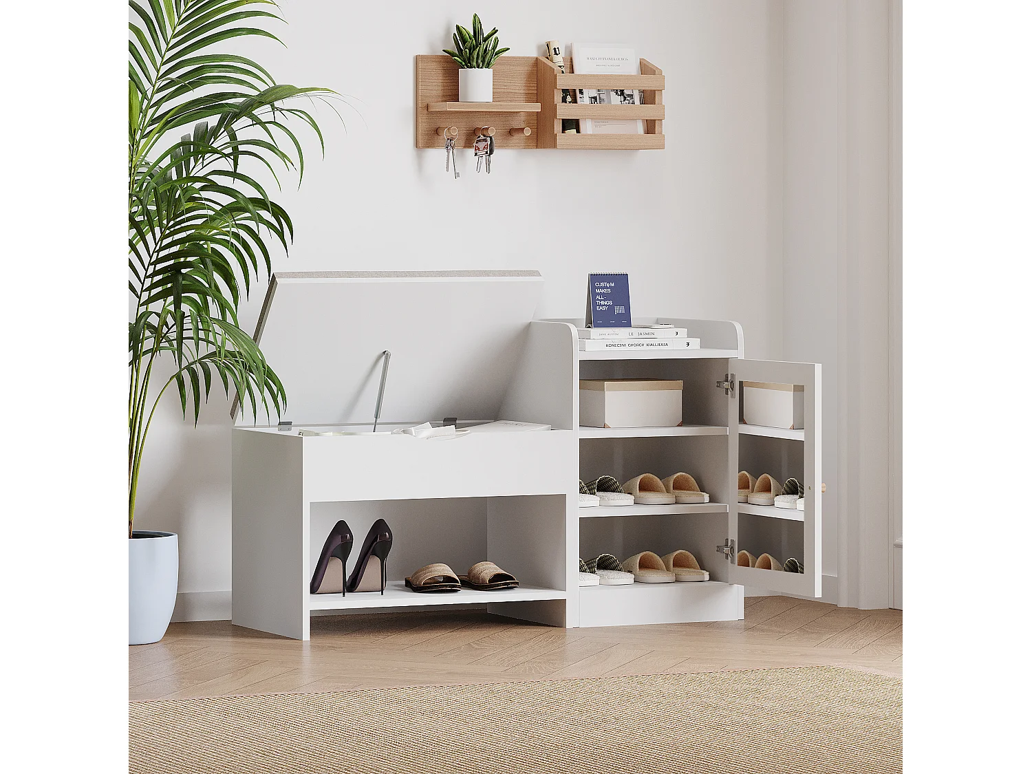 Banco para sapatos com arrumação e porta de vime - 100 x 62,5 x 38 cm - Aglomerado - Branco