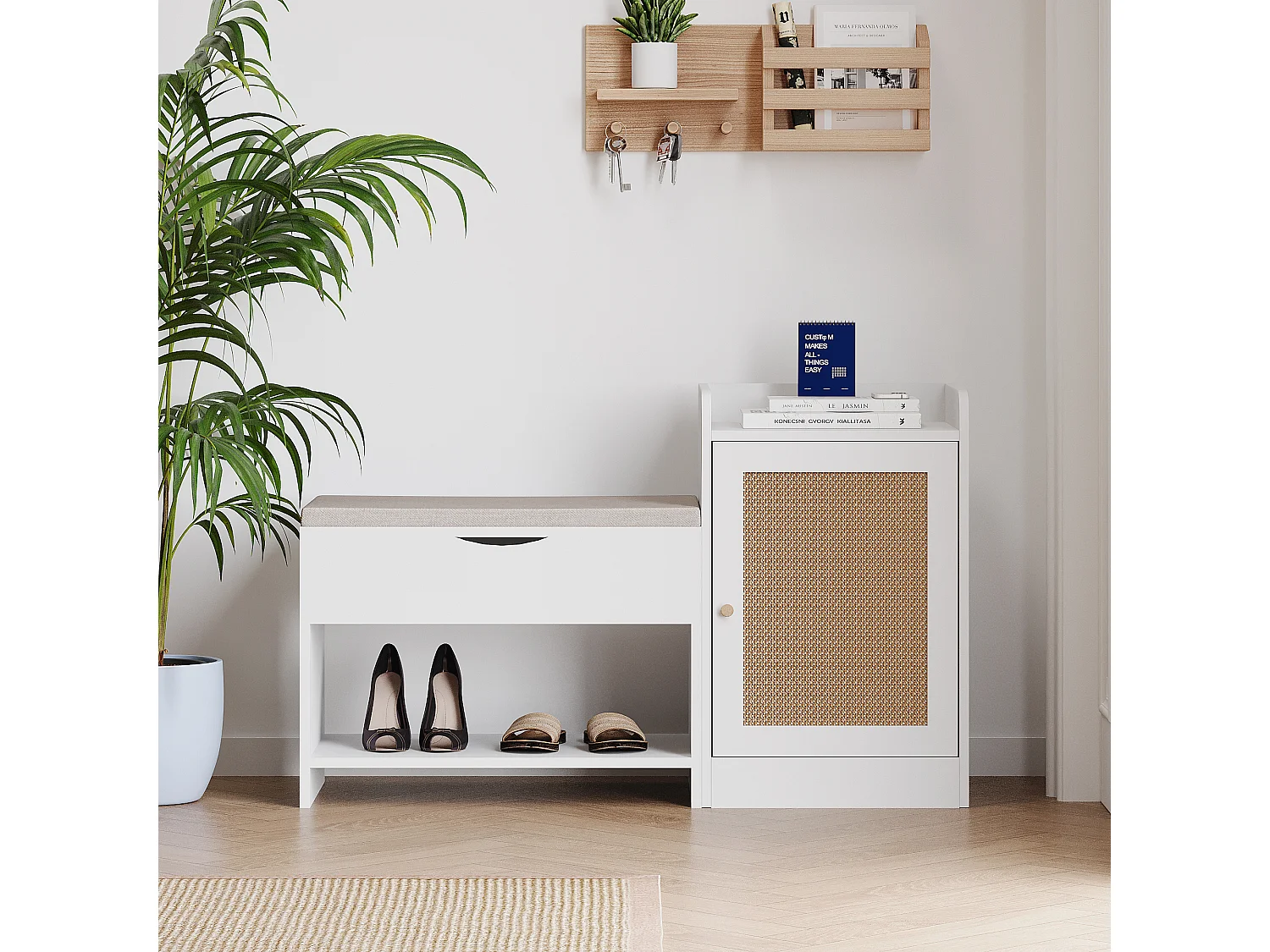 Banco para sapatos com arrumação e porta de vime - 100 x 62,5 x 38 cm - Aglomerado - Branco