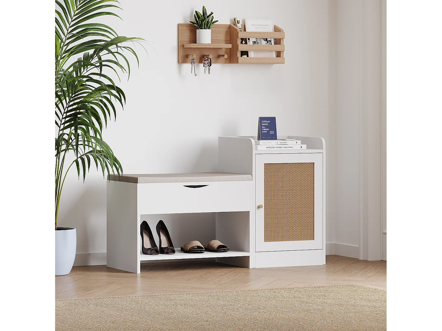 Banco para sapatos com arrumação e porta de vime - 100 x 62,5 x 38 cm - Aglomerado - Branco