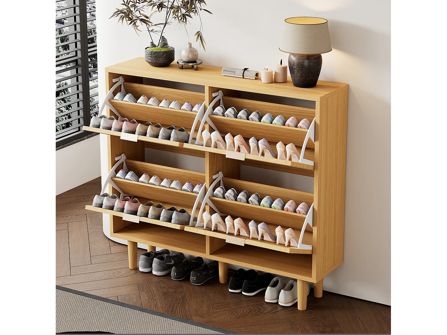 Meuble à chaussures 4 portes abattants - panneaux de particule - Chêne clair