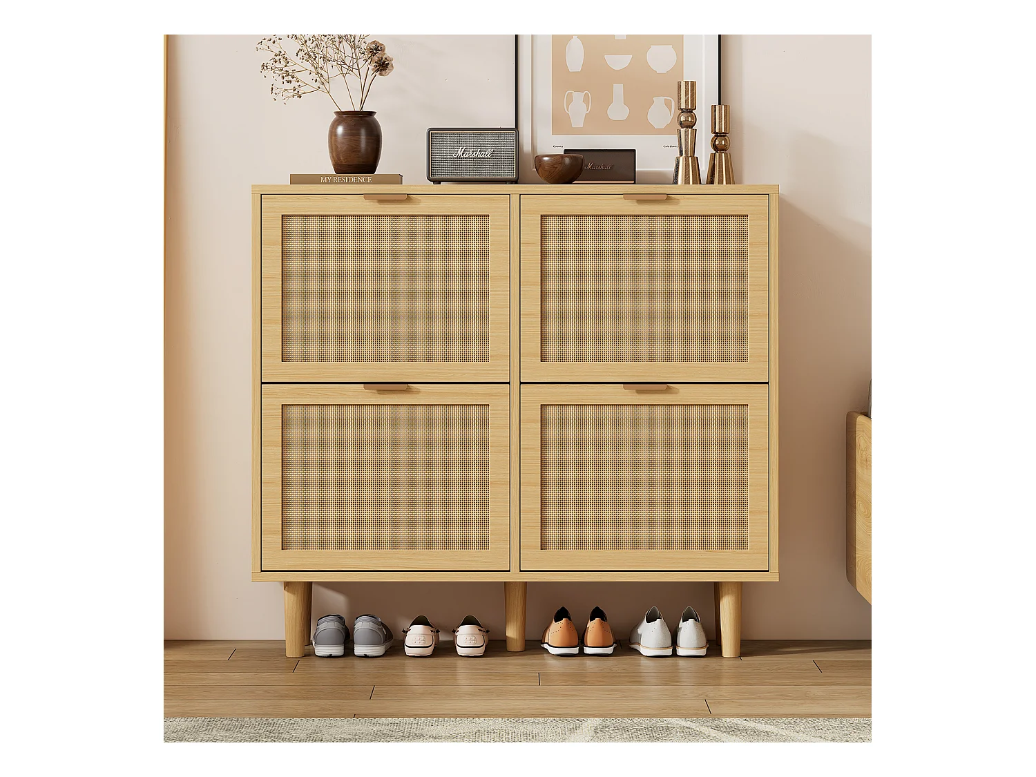 Schoenenkast met 4 klepdeuren - spaanplaten - Licht eiken