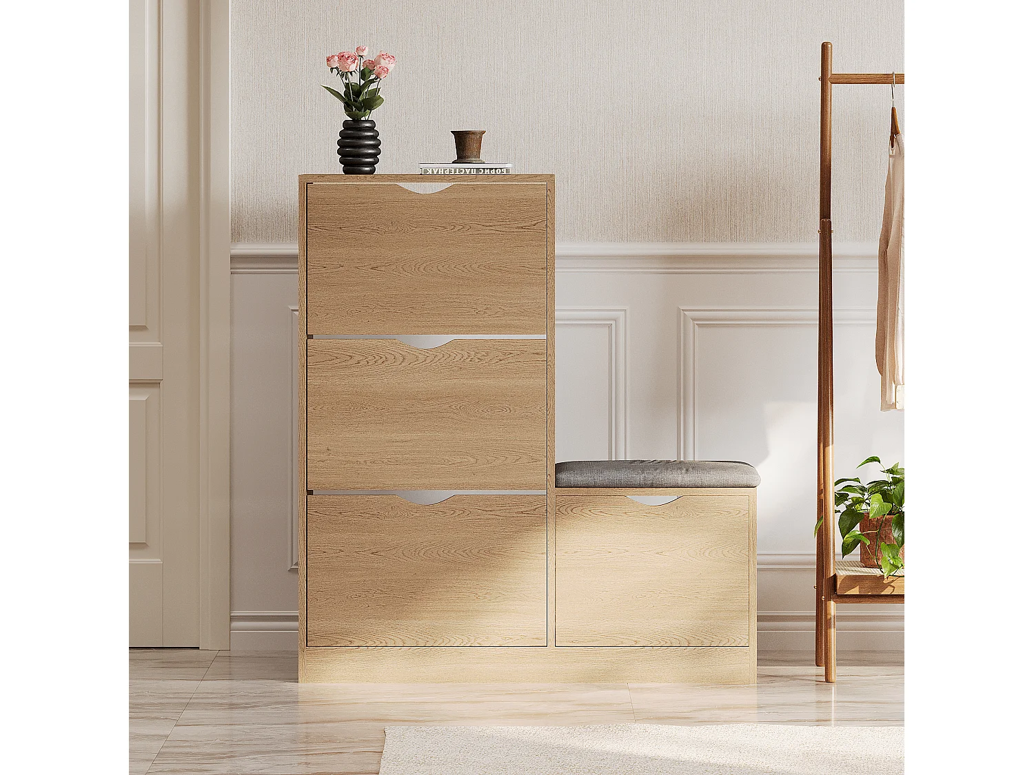 Meuble à chaussures avec 4 tiroirs abattants - Panneaux de particules - Naturel