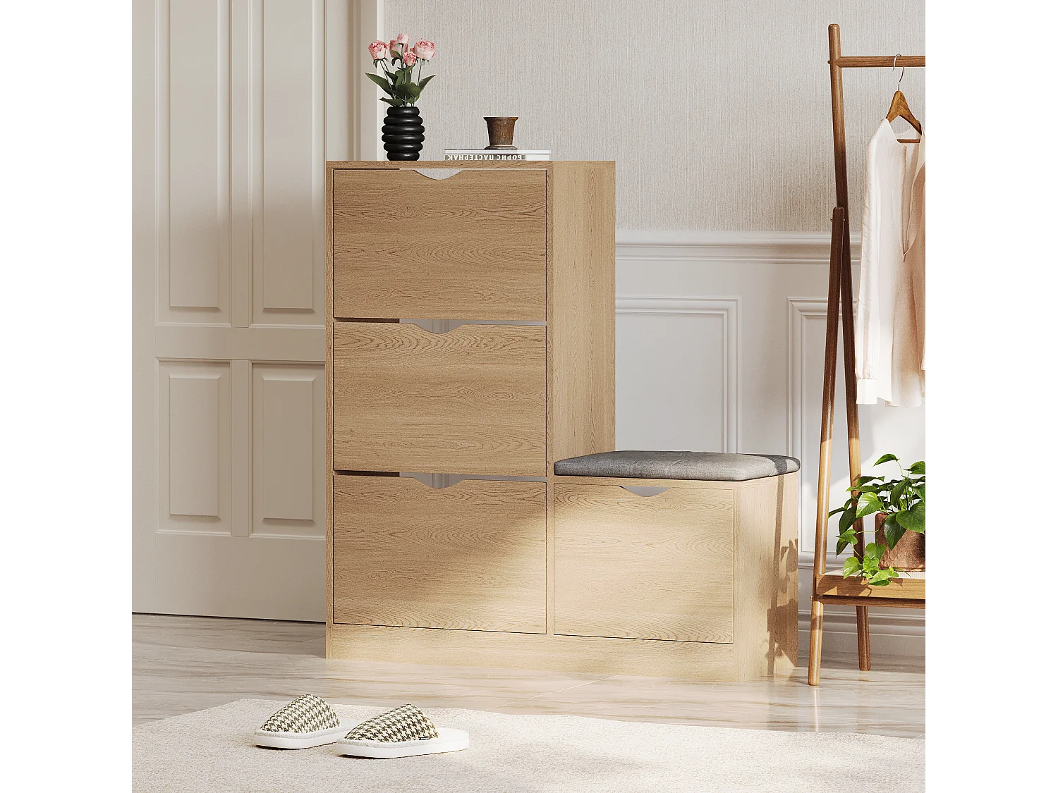 Meuble à chaussures avec 4 tiroirs abattants - Panneaux de particules - Naturel