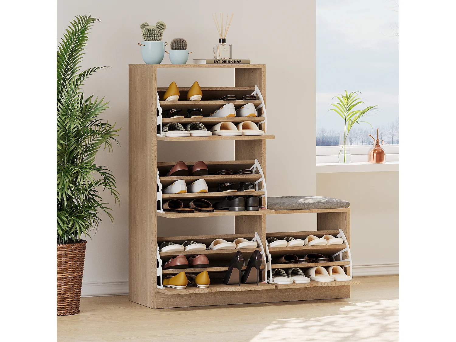 Meuble à chaussures avec 4 tiroirs abattants - Panneaux de particules - Naturel