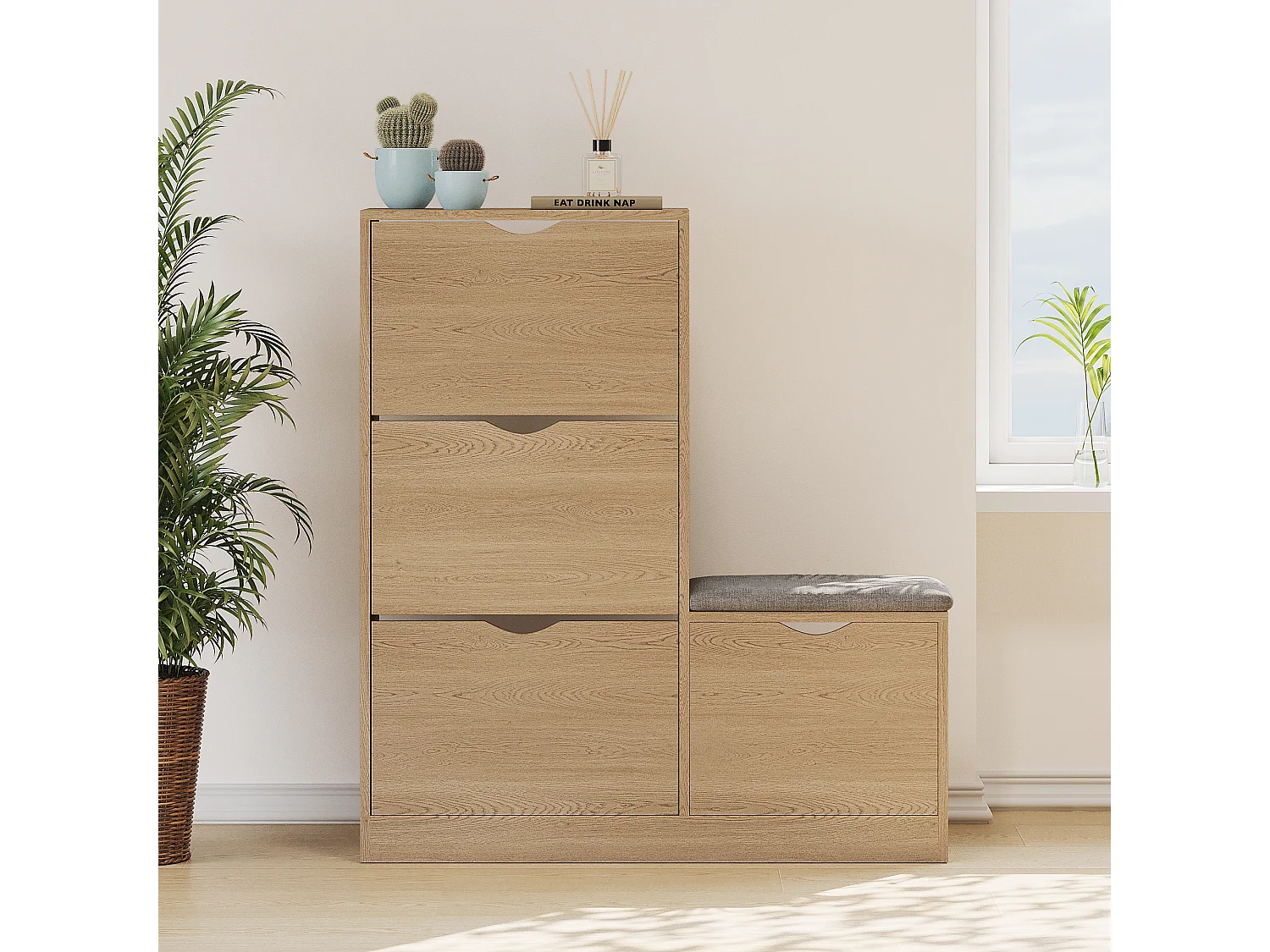 Meuble à chaussures avec 4 tiroirs abattants - Panneaux de particules - Naturel