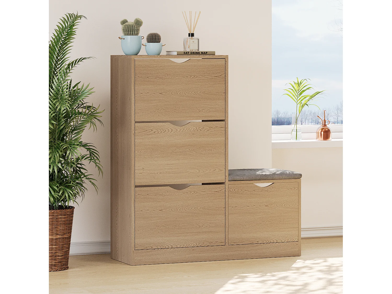 Meuble à chaussures avec 4 tiroirs abattants - Panneaux de particules - Naturel