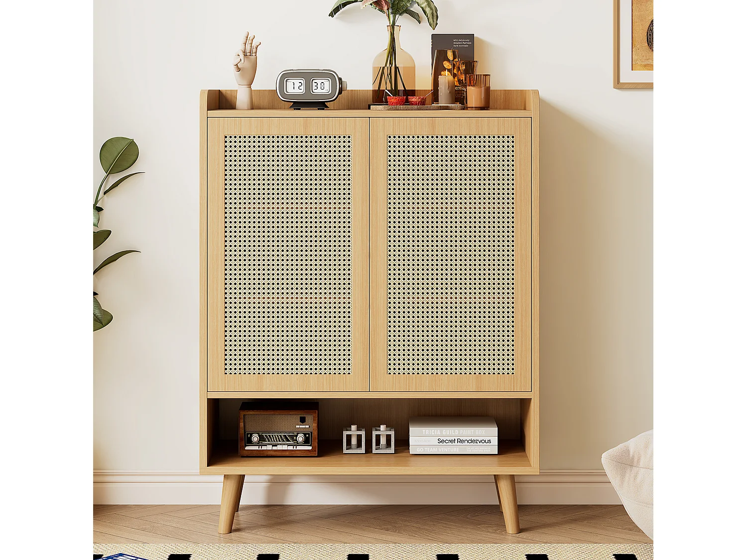 Zapatero de ratán natural - 2 puertas y 5 estantes - madera maciza - roble